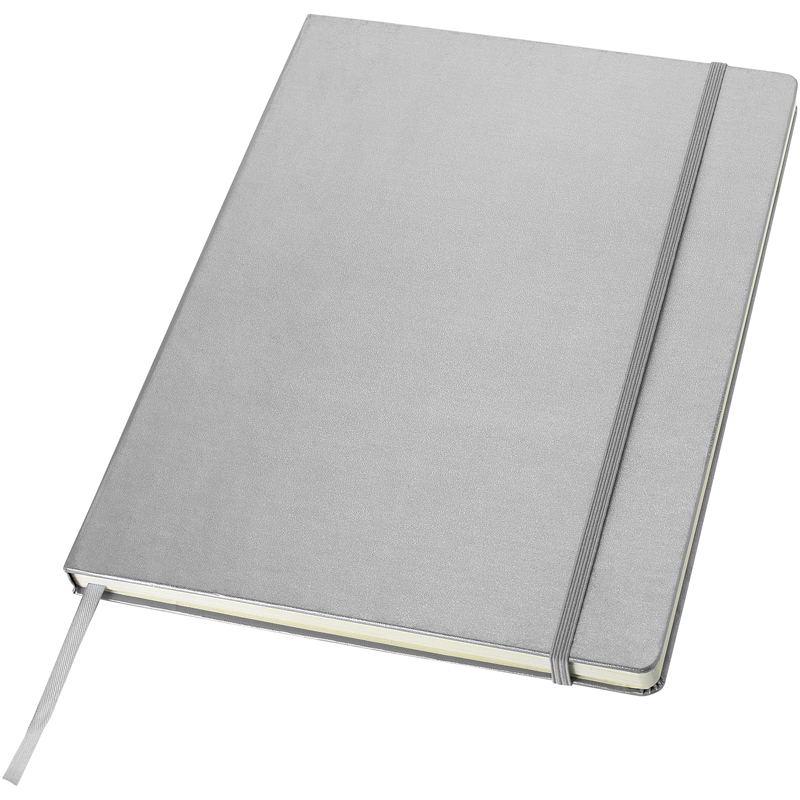Executive  A4 hard cover notebook in silver with colour match elastic strap and ribbon
