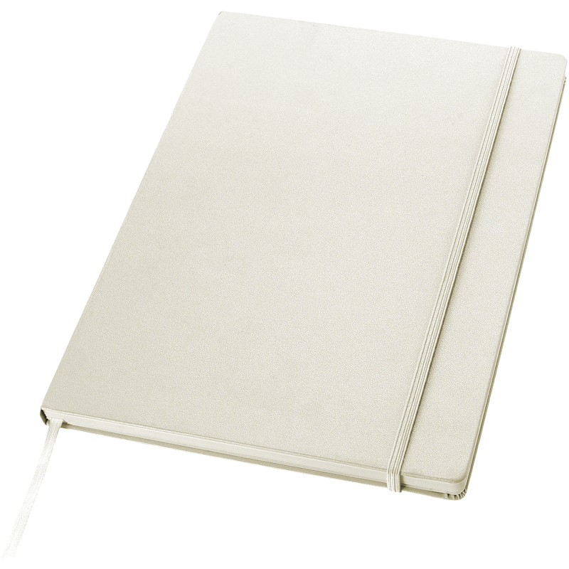 Executive  A4 hard cover notebook in white with colour match elastic strap and ribbon
