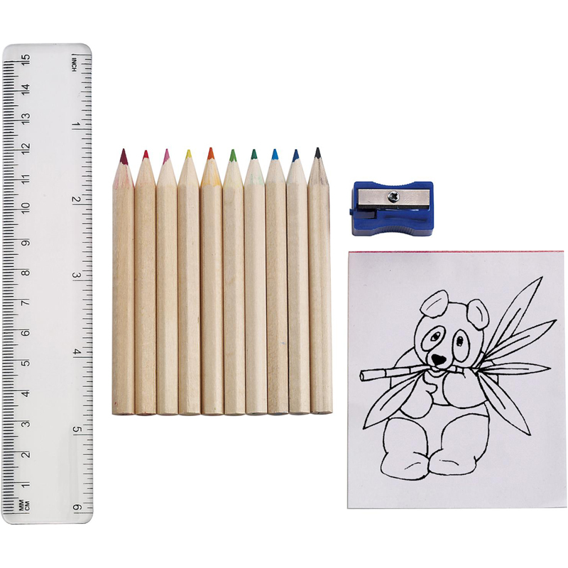 drawing set with ruler coloured pencils and notepad