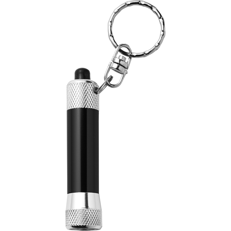a keyring with a small flashlight attached and a metallic black centre