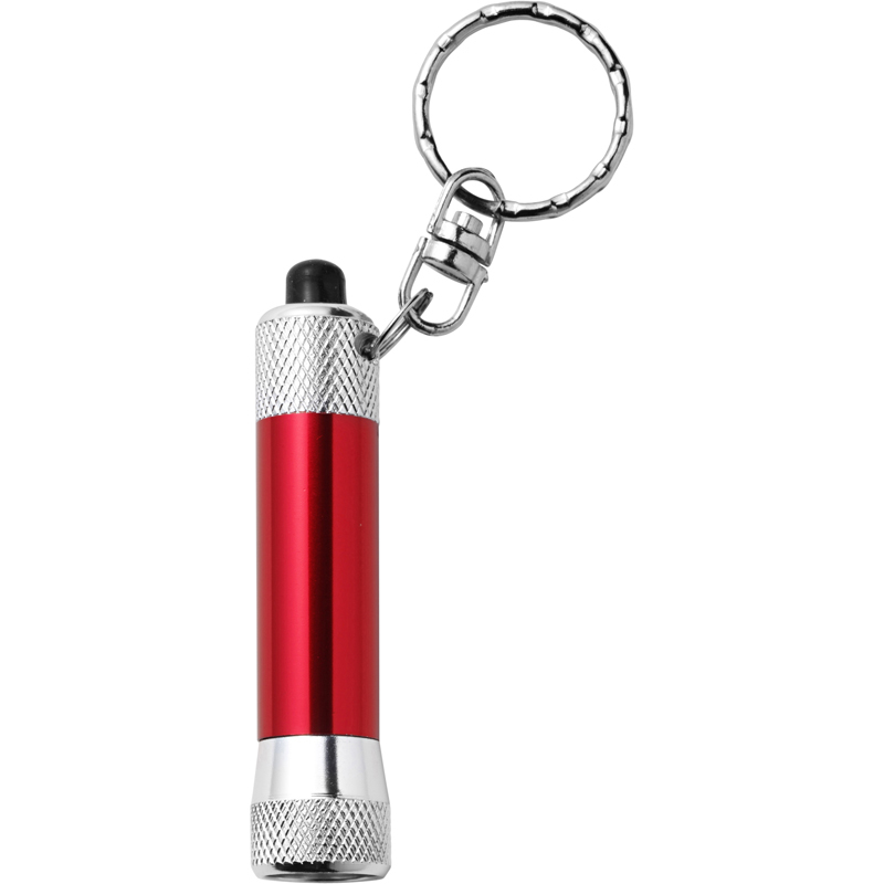 a keyring with a small flashlight attached that has a metallic red centre