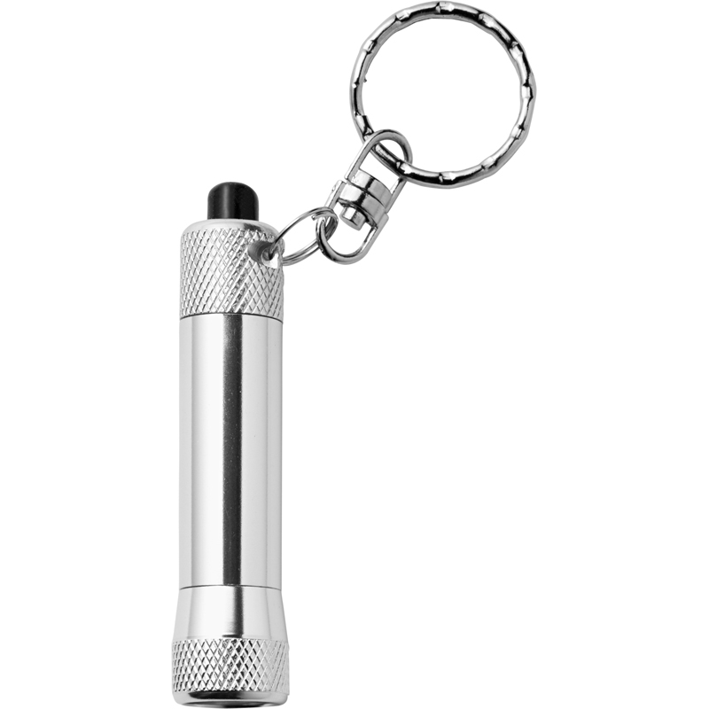 a keyring with a small flashlight attached that has a metallic silver centre
