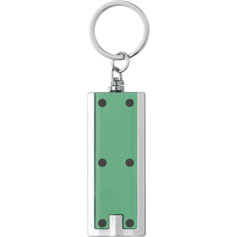 long green rectangular keyring with a small pointer flashlight to the end