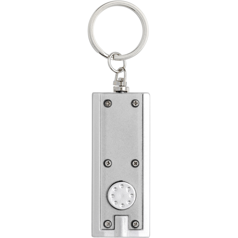 long silver rectangular keyring with a small pointer flashlight to the end