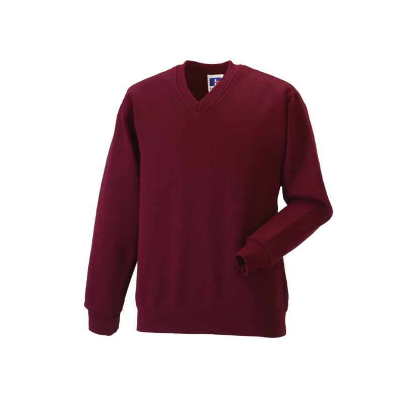 Kids V Neck Sweatshirt in burgundy with set in sleeves and side seams