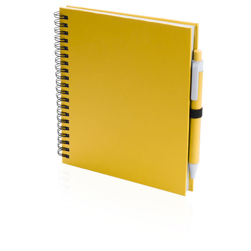 Koguel Notebook in yellow with colour match pen in black elastic strap and black wire binding