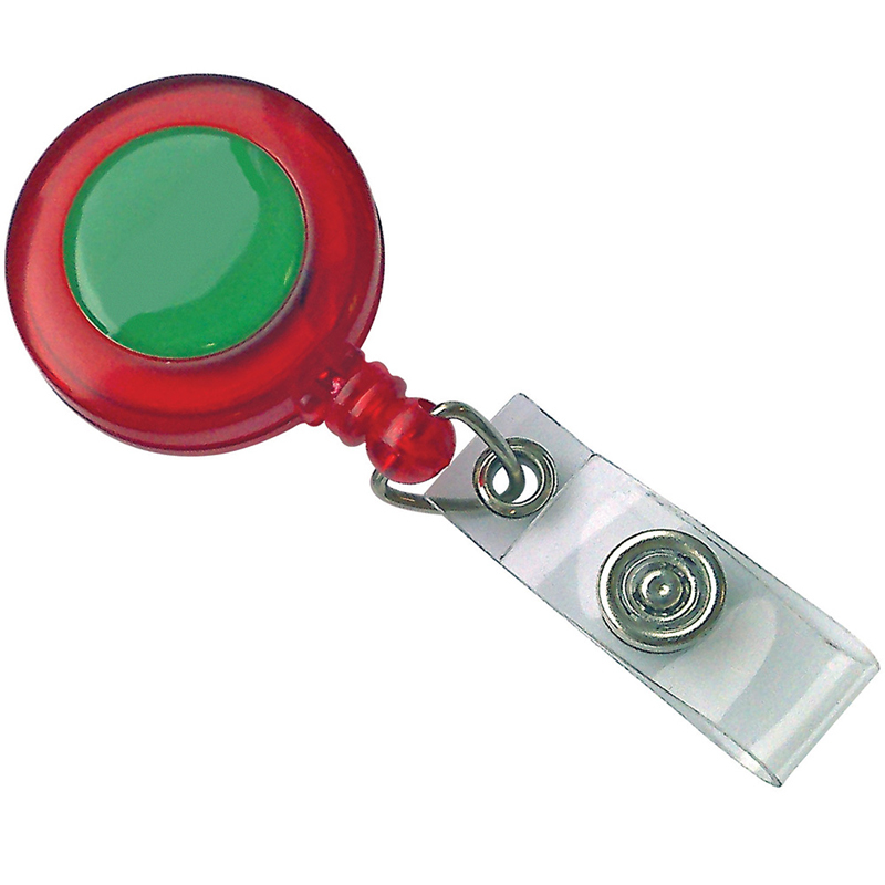 a red pull out reel with a full colour domed sticker to the front and a clear popper attachment