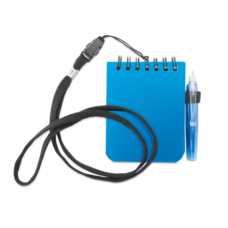 a blue pad and pen with a lanyard strap attached to the top