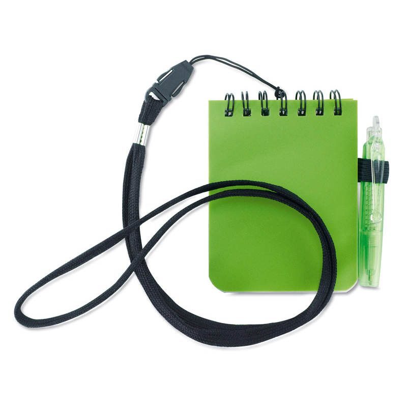 a green pad and pen with a lanyard strap attached to the top