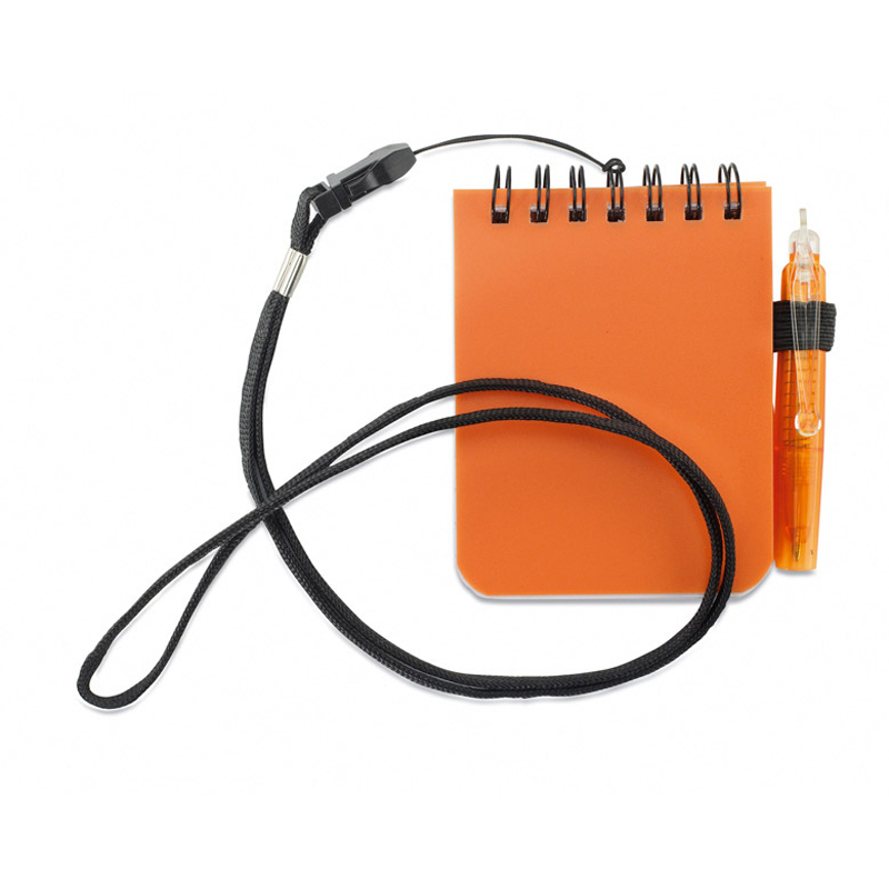 orange pad and pen with a lanyard strap attached to the top