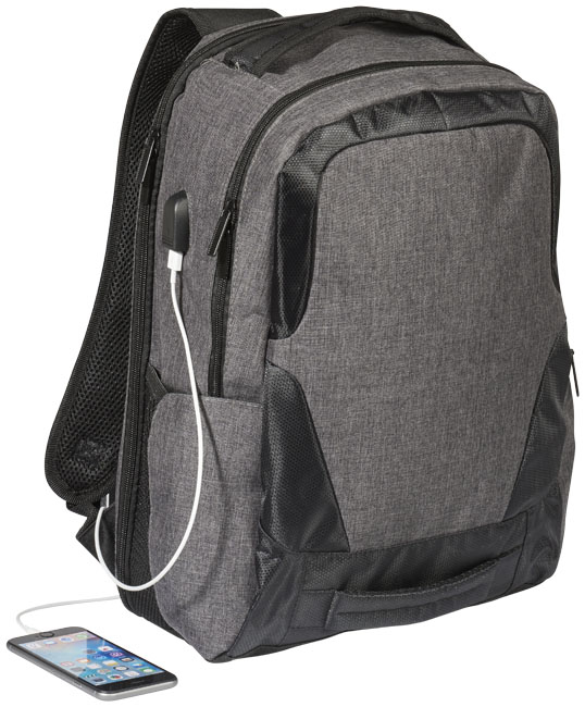 Overland 17" TSA laptop backpack in charcoal showing USB port