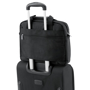 Black laptop case which slides onto the top of a roller trolley