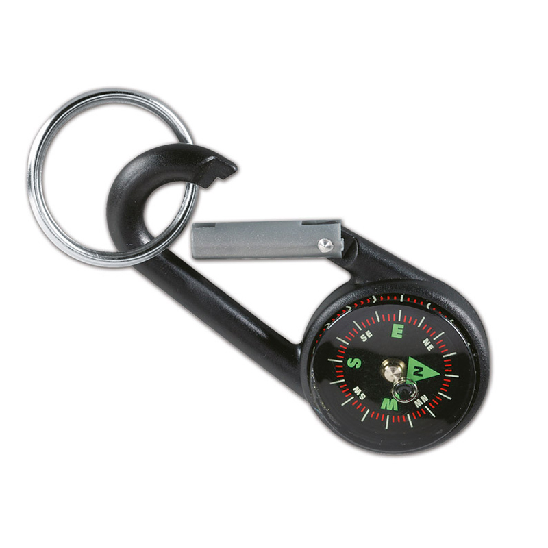 small black lebone compass on a carabiner hook with keyring from a angled view