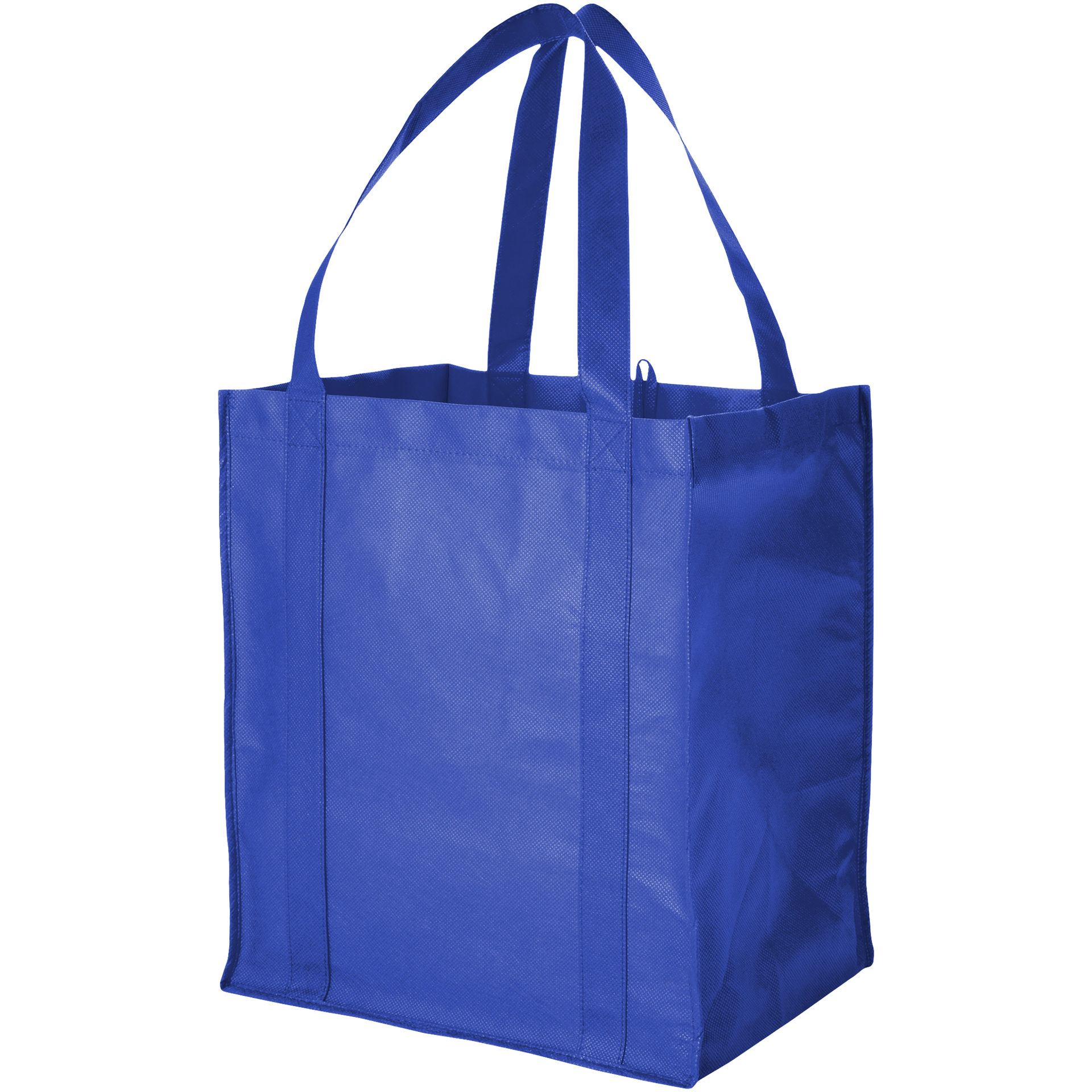 Blue reusable grocery bag with side gussets and carry straps