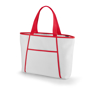 Tote style cooler bag in white with red trim and handles