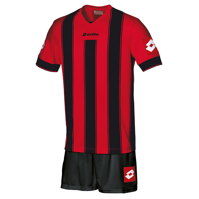 Lotto Vertigo Football short sleeve V neck Jersey with classic vertical striped design in black and red with black cuff and 1 colour print logo under V neck and on each sleeve
