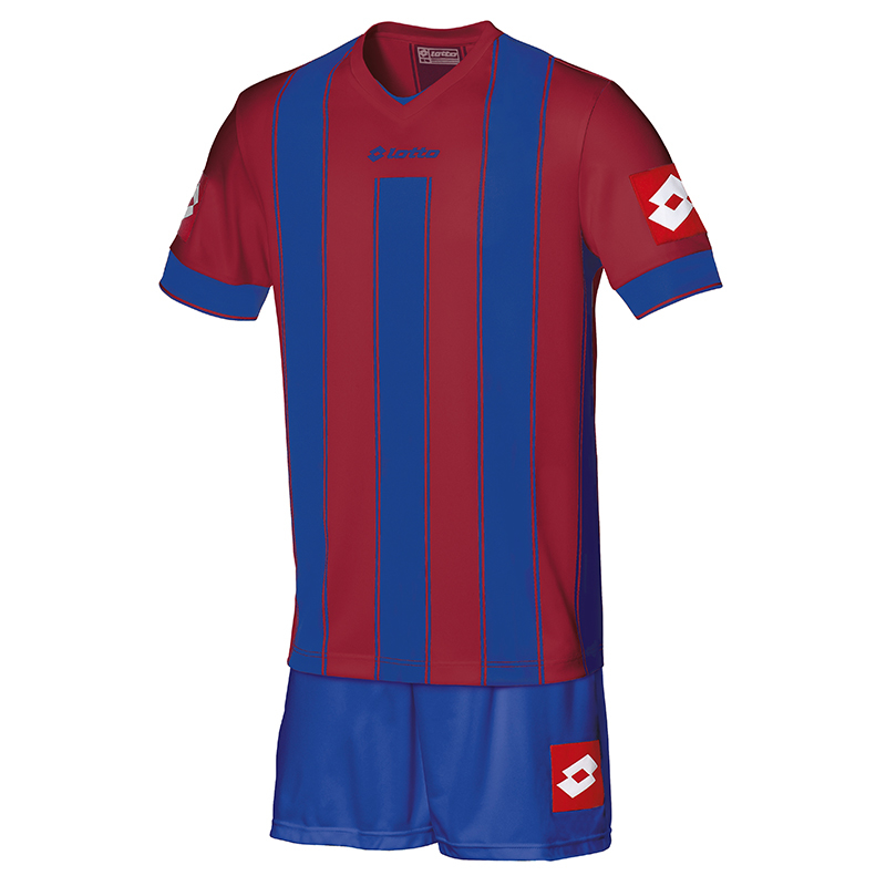 Lotto Vertigo Football short sleeve V neck Jersey with classic vertical striped design in blue and burgundy with blue cuff and 1 colour print logo under V neck and on each sleeve