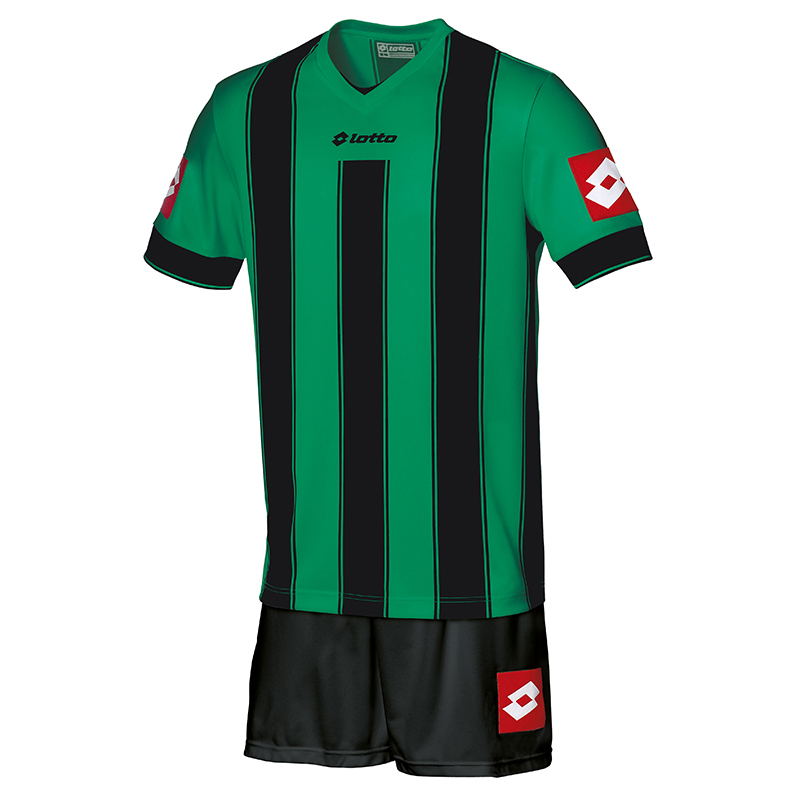 Lotto Vertigo Football short sleeve V neck Jersey with classic vertical striped design in black and green with black cuff and 1 colour print logo under V neck and on each sleeve