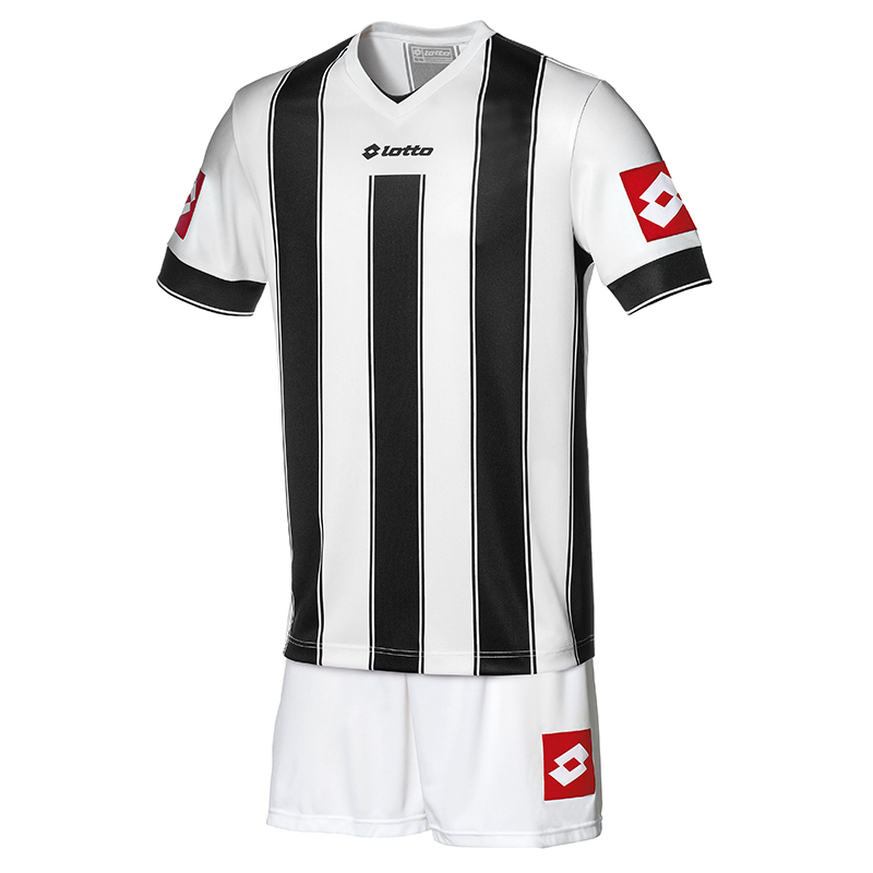 Lotto Vertigo Football short sleeve V neck Jersey with classic vertical striped design in black and white with black cuff and 1 colour print logo under V neck and on each sleeve