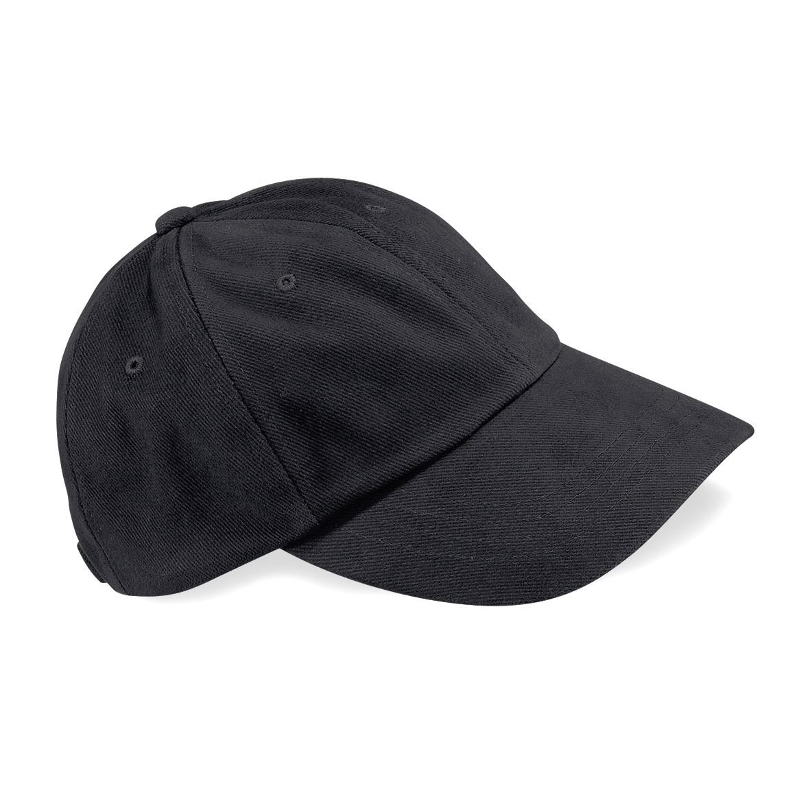 Low Profile Heavy Brushed Cotton Cap in black with black visor, eyelets and button