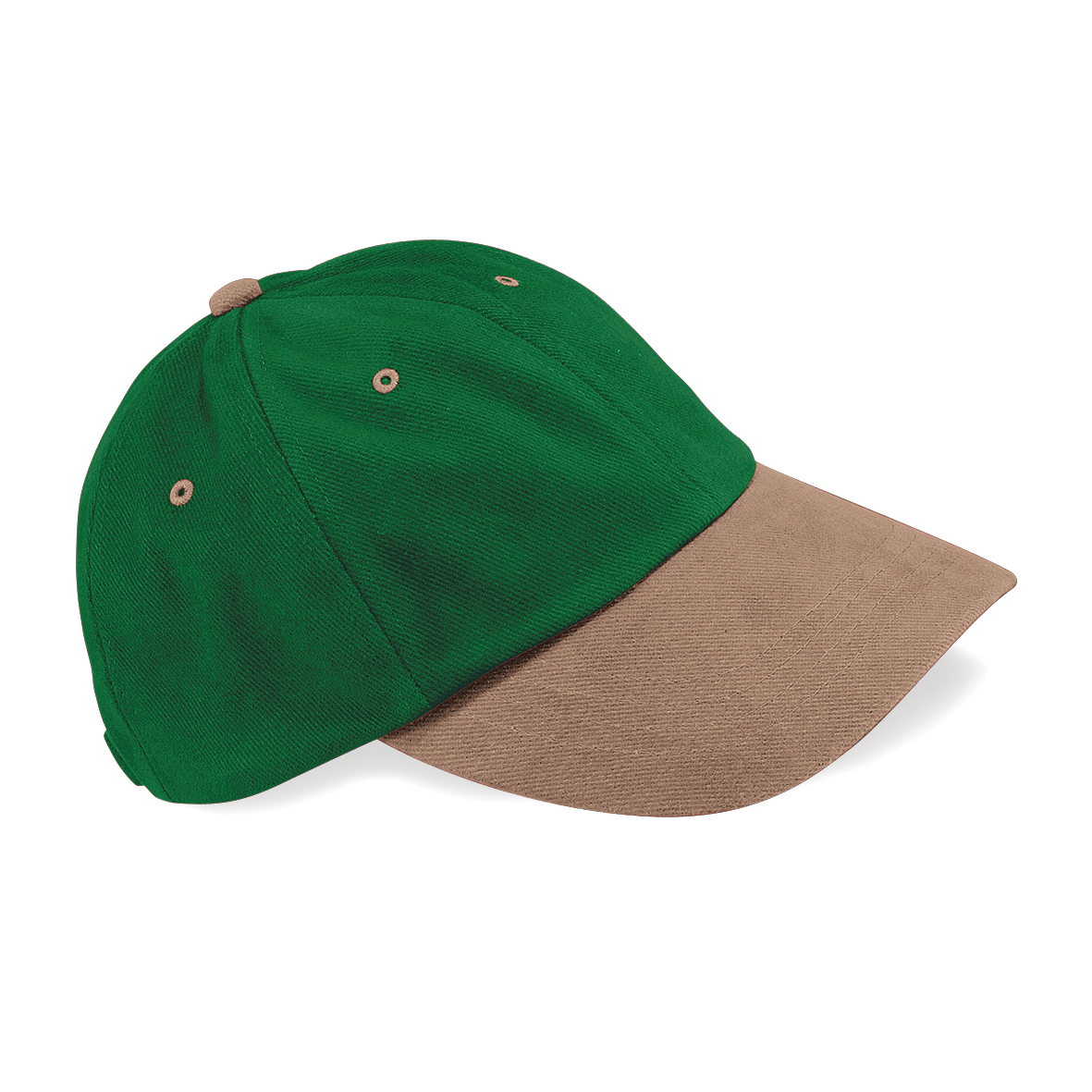 Low Profile Heavy Brushed Cotton Cap in green with brown visor, eyelets and button