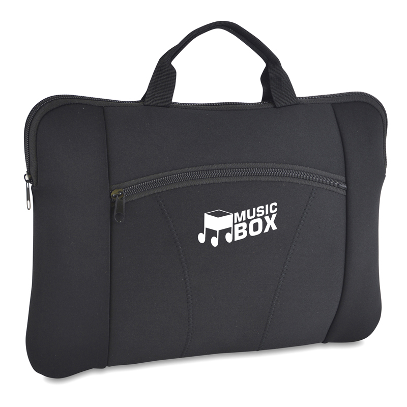 Promotional solid black laptop sleeve with carry handle and company logo printed on the front