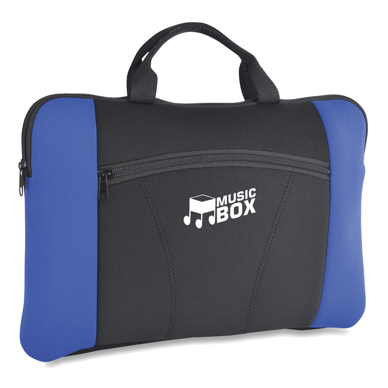 Black laptop sleeve with blue trim, zip closure to the main compartment, front pocket and handle