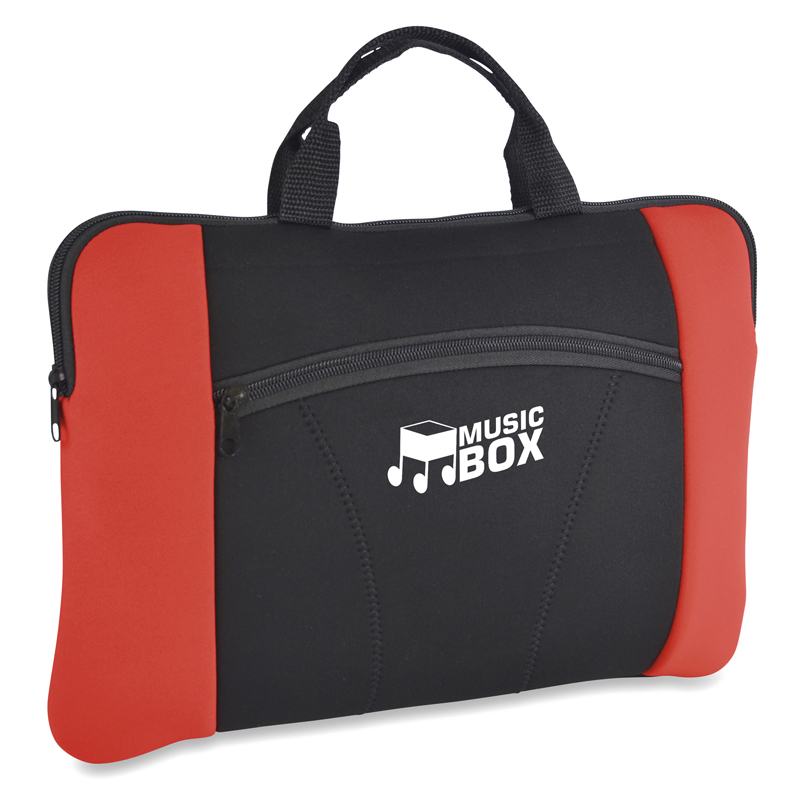 Laptop sleeve in black with red side panels, large main compartment and smaller front compartment branded with a logo
