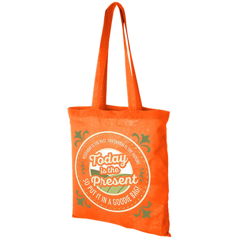 Orange shoulder bag with long handles and large print to the front