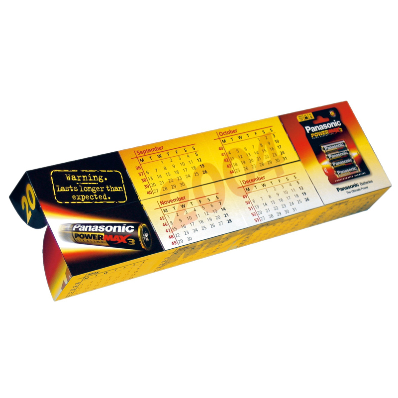 an unfolded battery to reveal a calendar inside