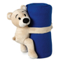teddy bear holding blue blanket