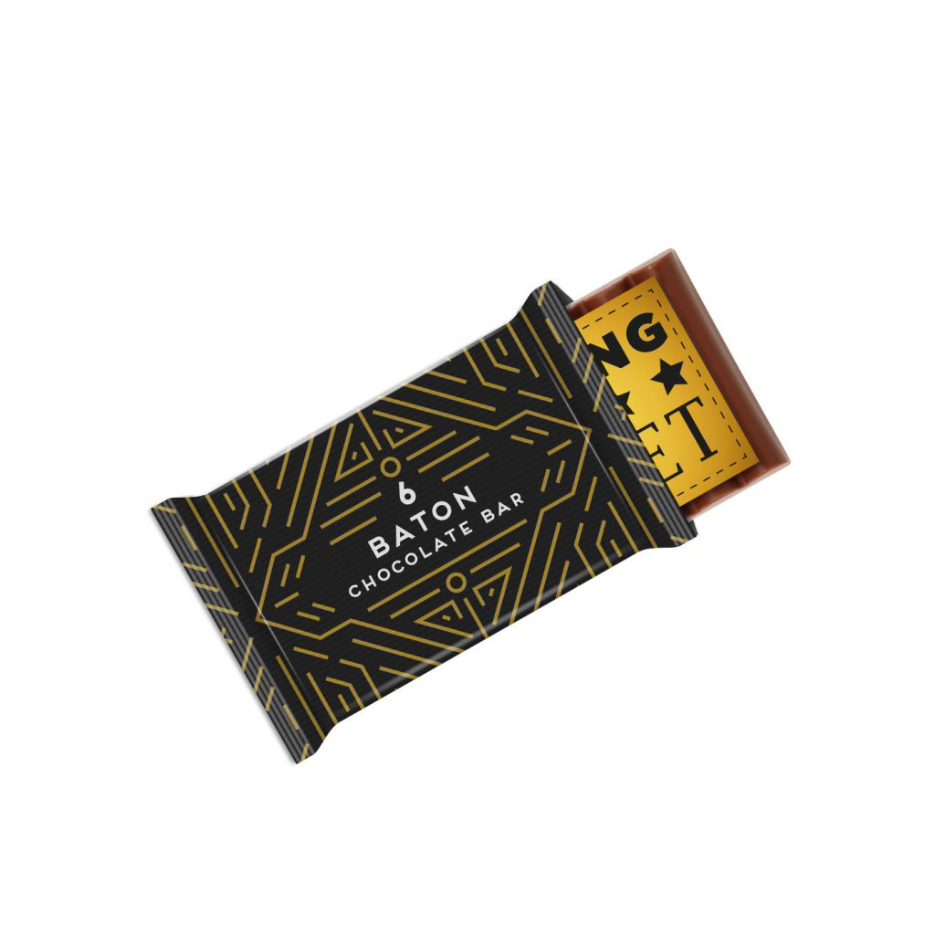 medium sized chocolate bar in a branded wrapped with a golden winning ticket