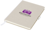 medium size cardboard notebook in white with white fabric spine, ribbon and elastic pen loop with 2 colour print logo
