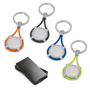 4 different coloured metal keyrings with elastic wrapped around the inner branded disc