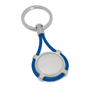 a metal disc that is wrapped in a blue elastic cord attached to a keyring loop