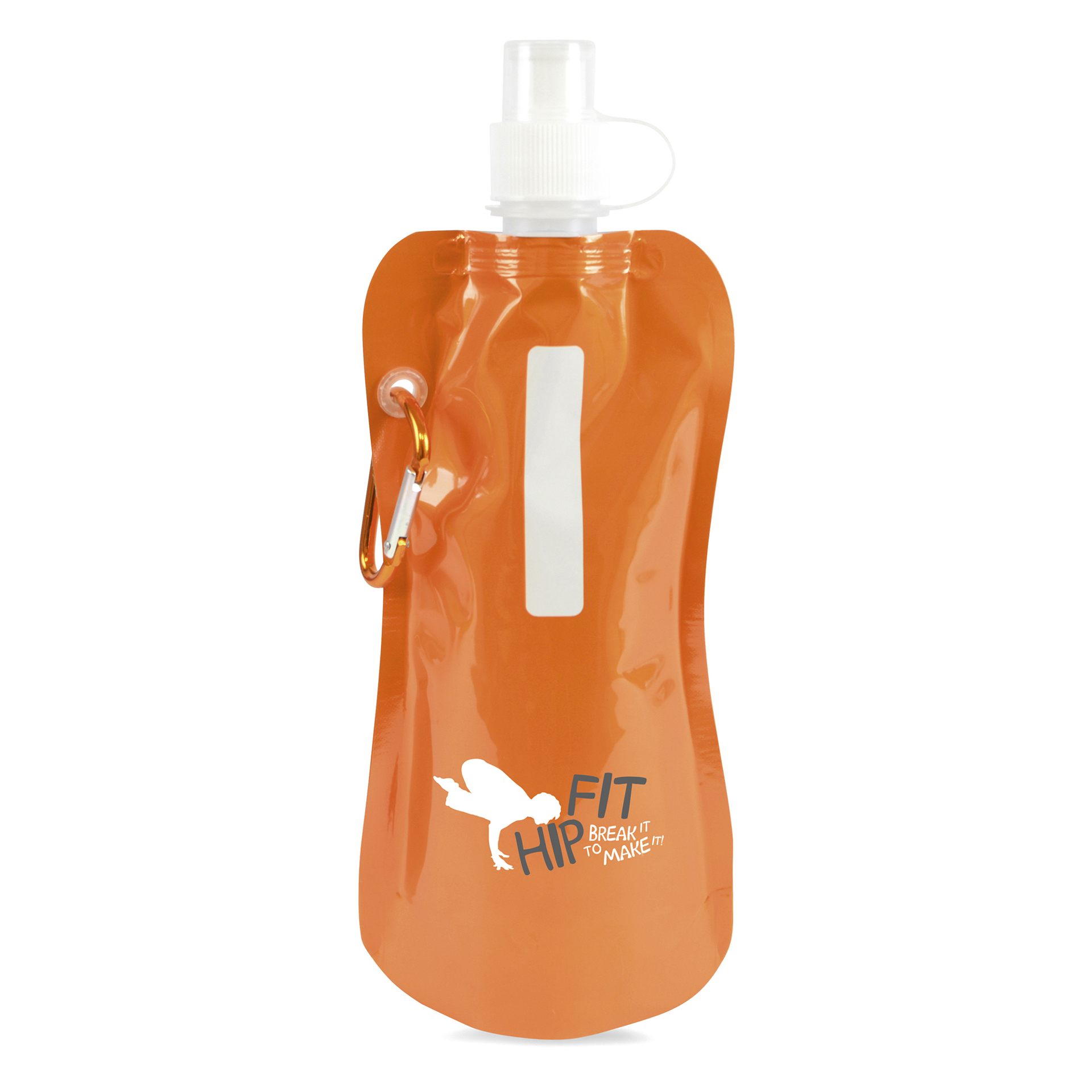 Orange roll up drinks pouch with matching carabine and company logo printed on the front