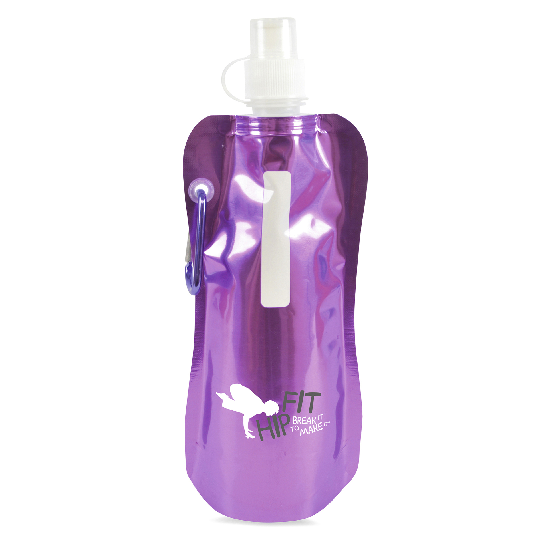 Metallic purple fold up drinking bottle branded with a logo