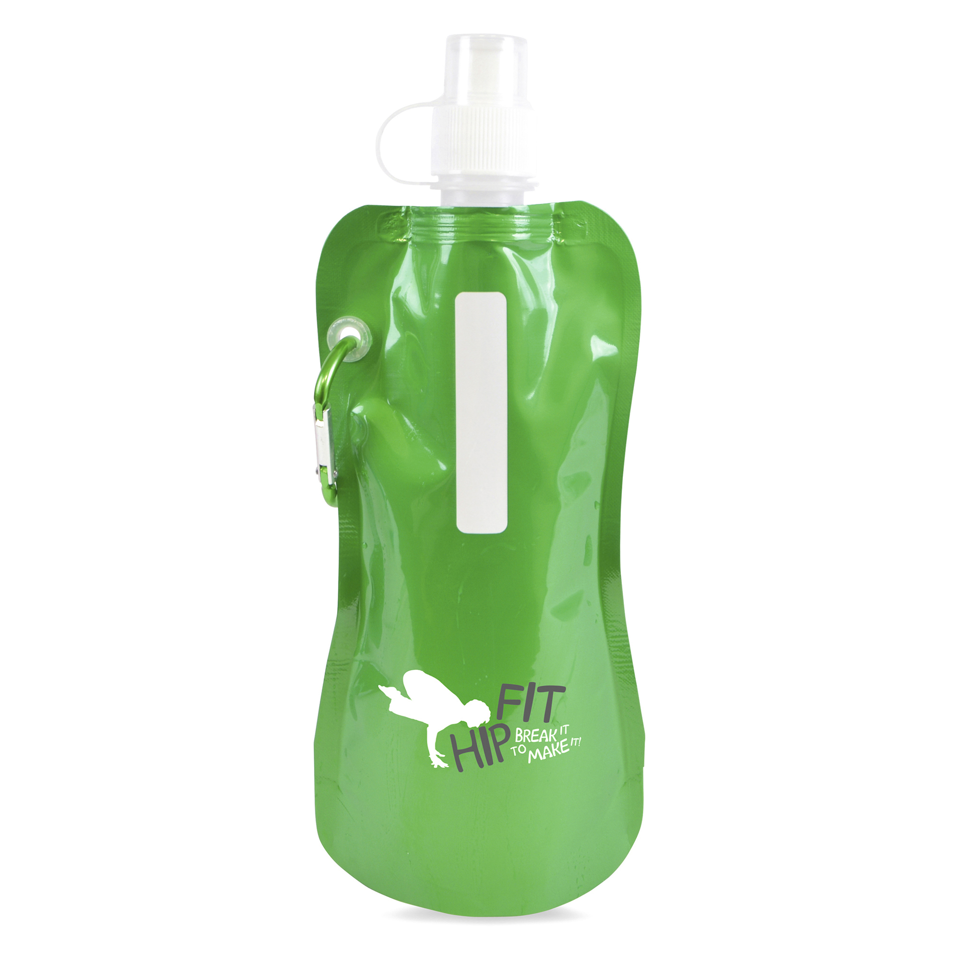 Green folding drinks bottle with matching metallic carabiner hook