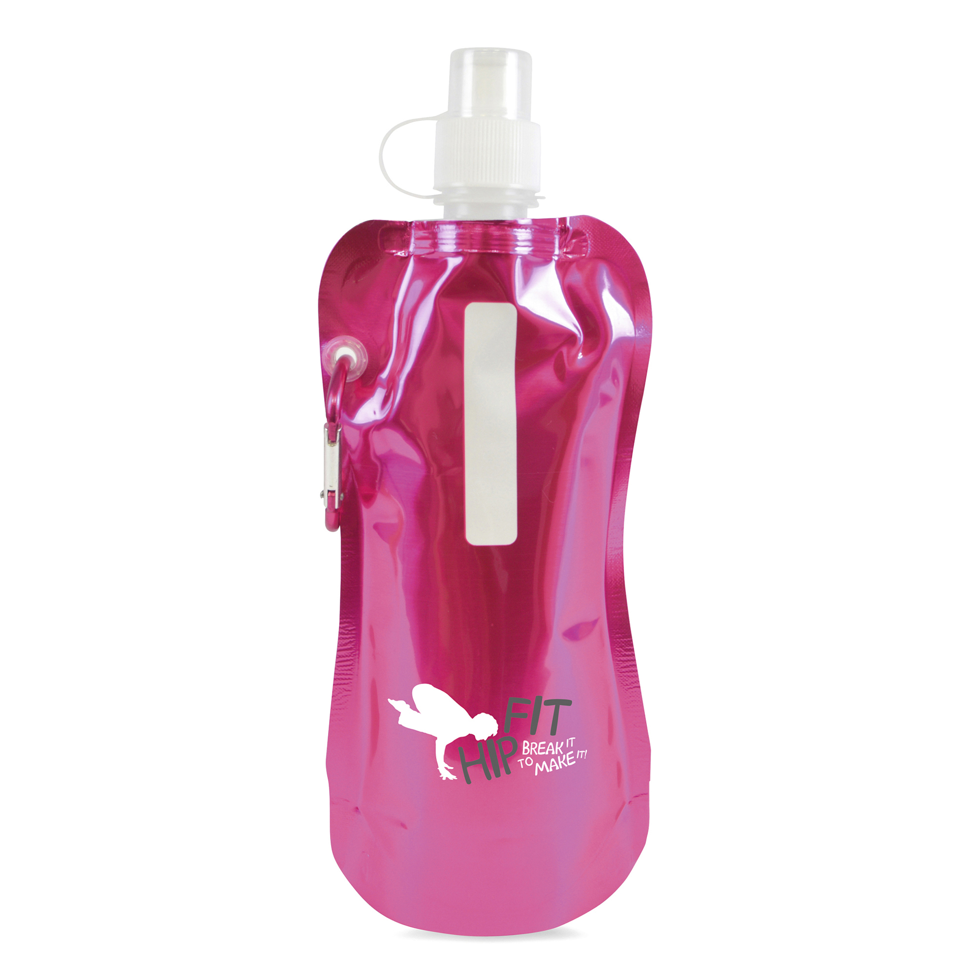 Magenta drinking pouch with matching pink clip and branding to the front
