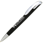 black twist action pen with silver clip and nose cone, printed with a company logo