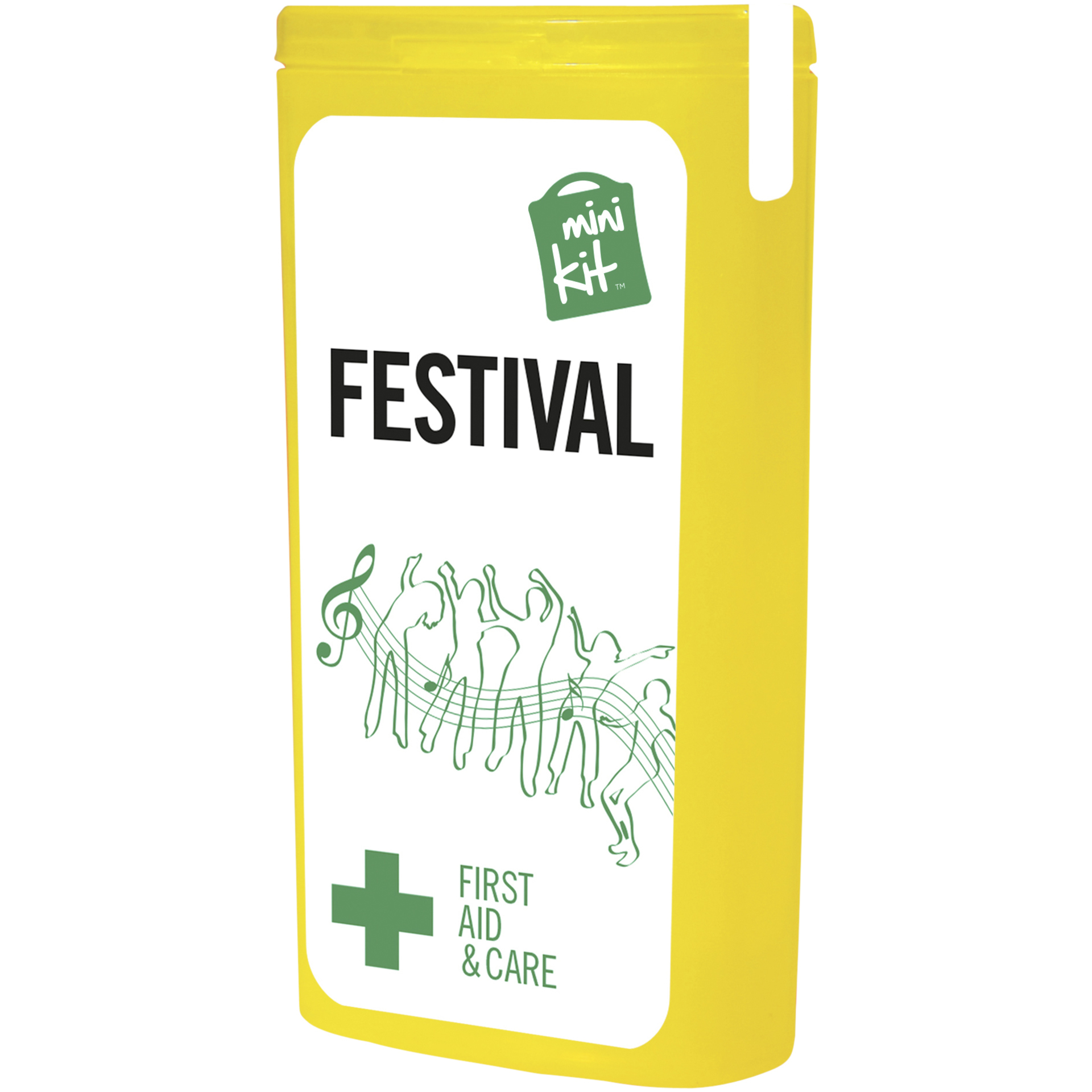 yellow slim mini first aid kit with contents label