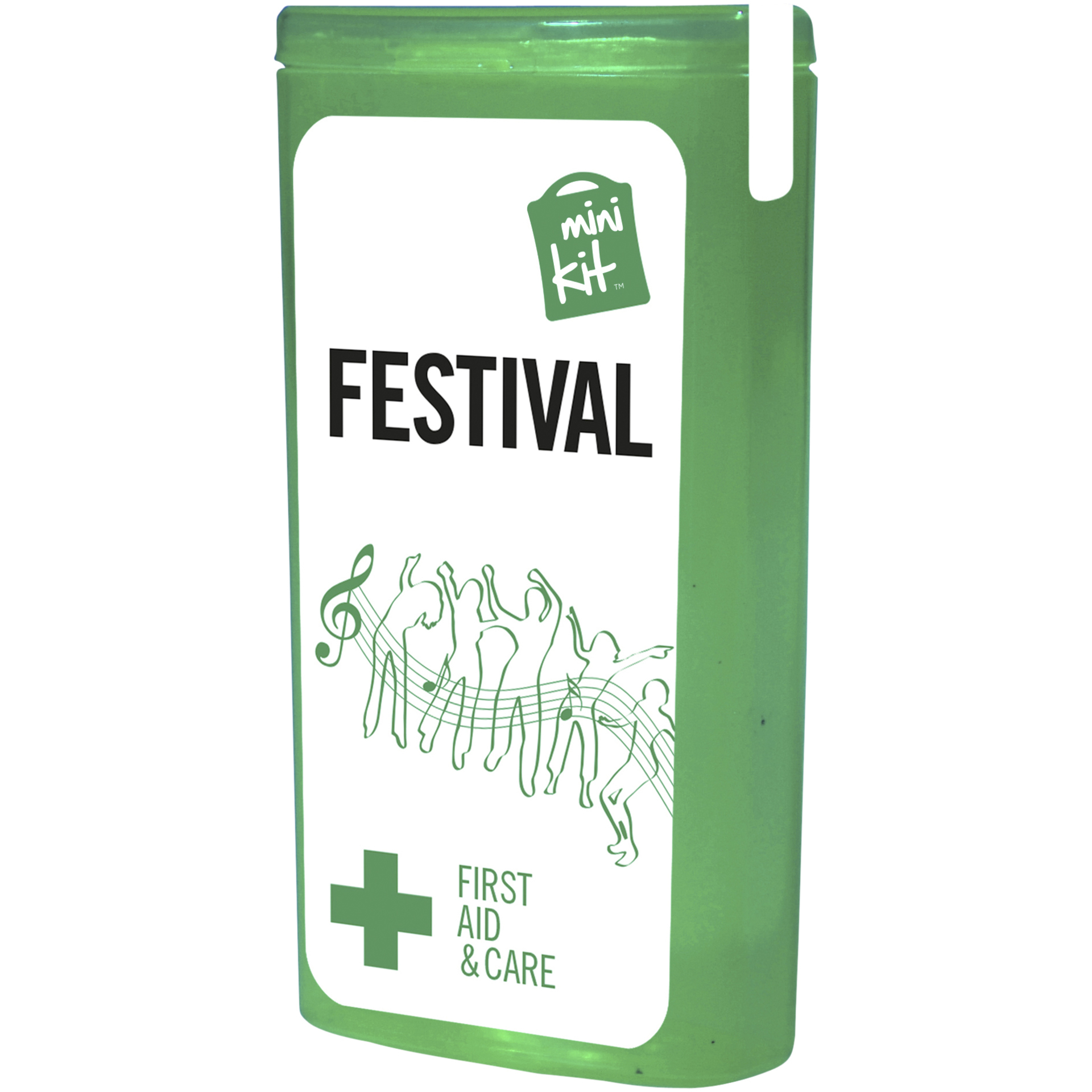 green slim mini first aid kit with contents label
