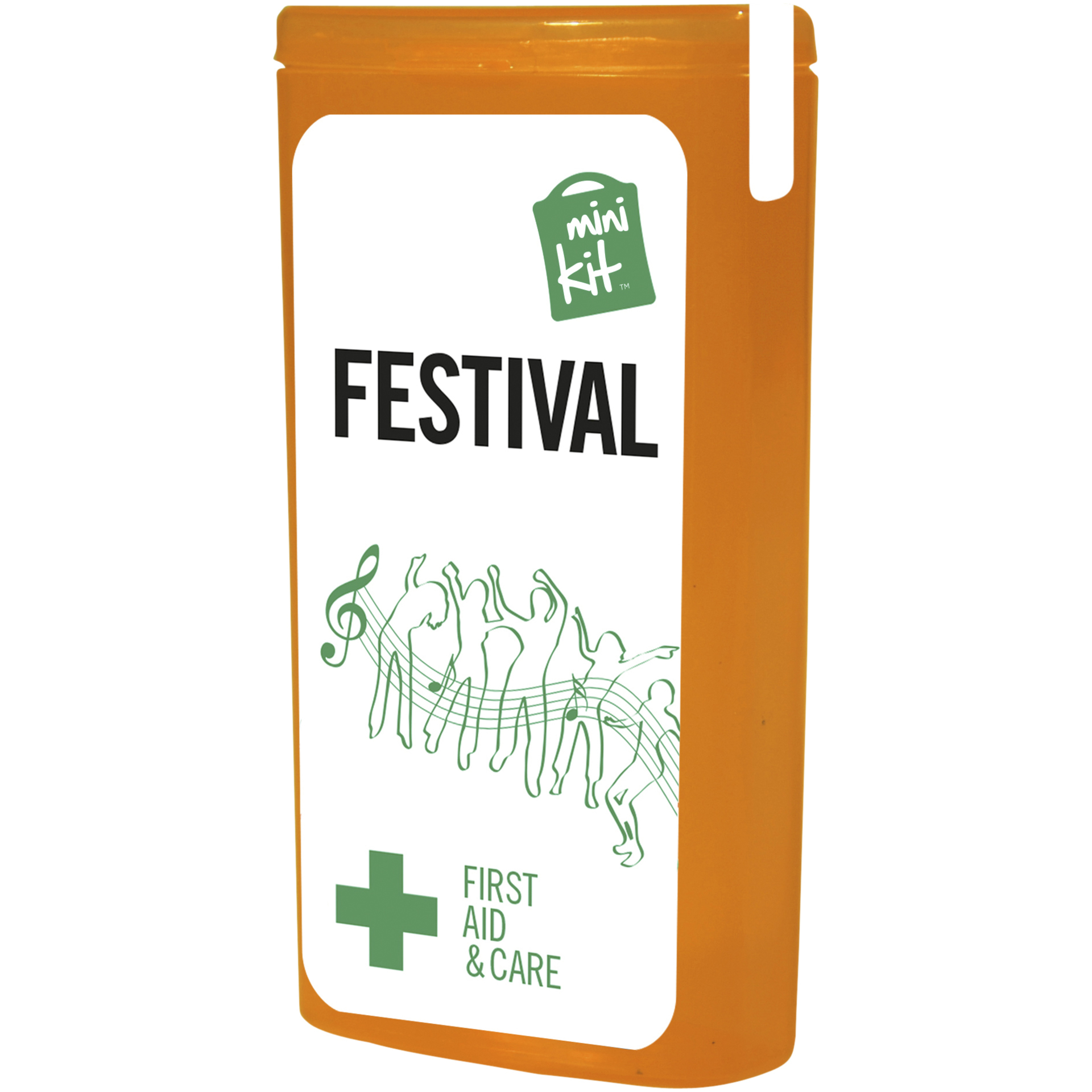 orange slim mini first aid kit with contents label
