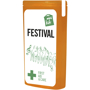 orange slim mini first aid kit with contents label