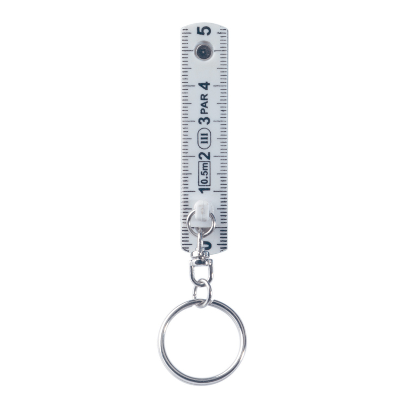 top view of the mini folding ruler with a keyring and the beginning of the ruler measurements