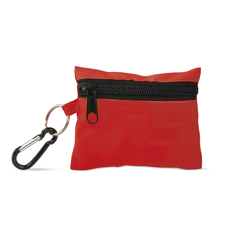 red minidoc first aid kit closed with attached carabiner