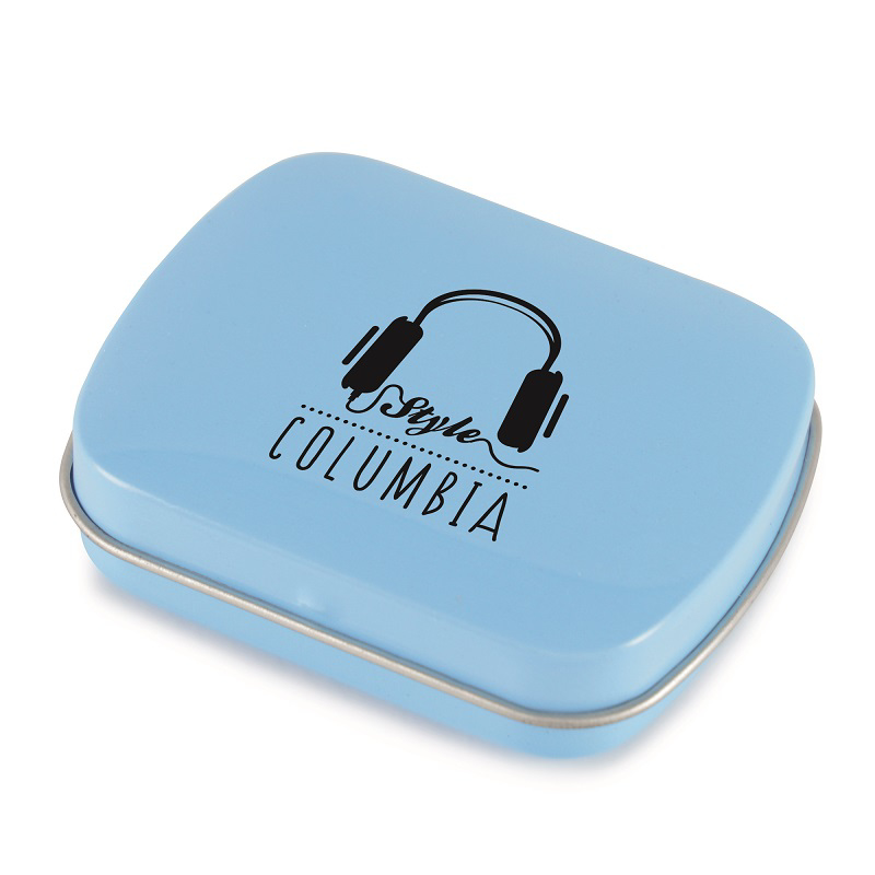 Branded mint tin in light blue