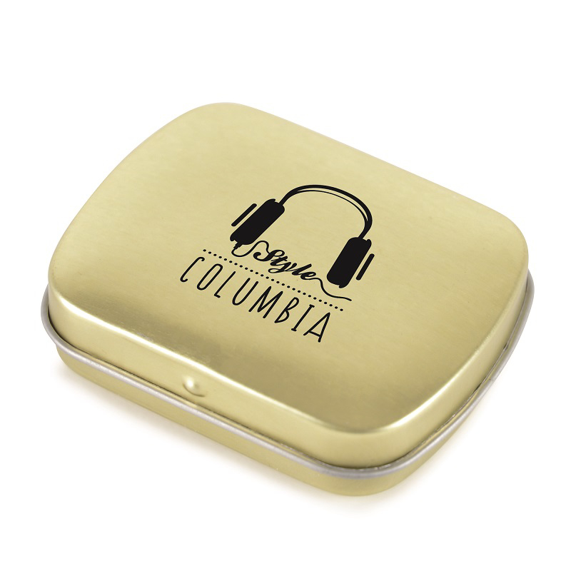 Gold mint tin with a logo on the lid