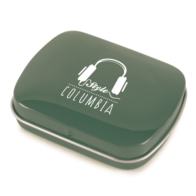 Green mint tin branded with a company logo on the lid