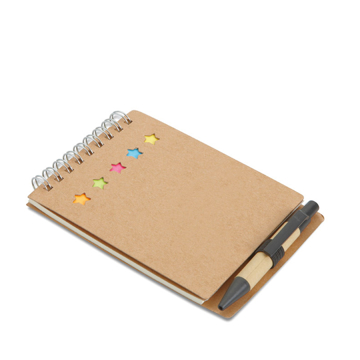 Recycled multibook Memo Pad in brown with wire binding, 5 sticky coloured tabs and carton barrel ball pen and blue ink